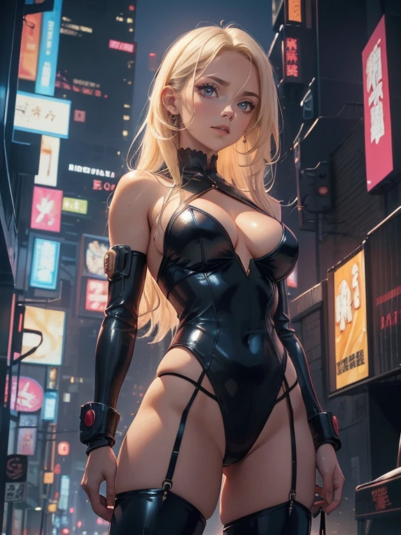 Beautiful woman, slavery clothes, blond, (leathery), revealing, sensuous, Skinned, ((アニメ)), illustration, full colors, foto perfil, Akira Toriyama style, toei animation, in a city at night, (cyberpunk style), medium breasts, breasts small, opaque colors