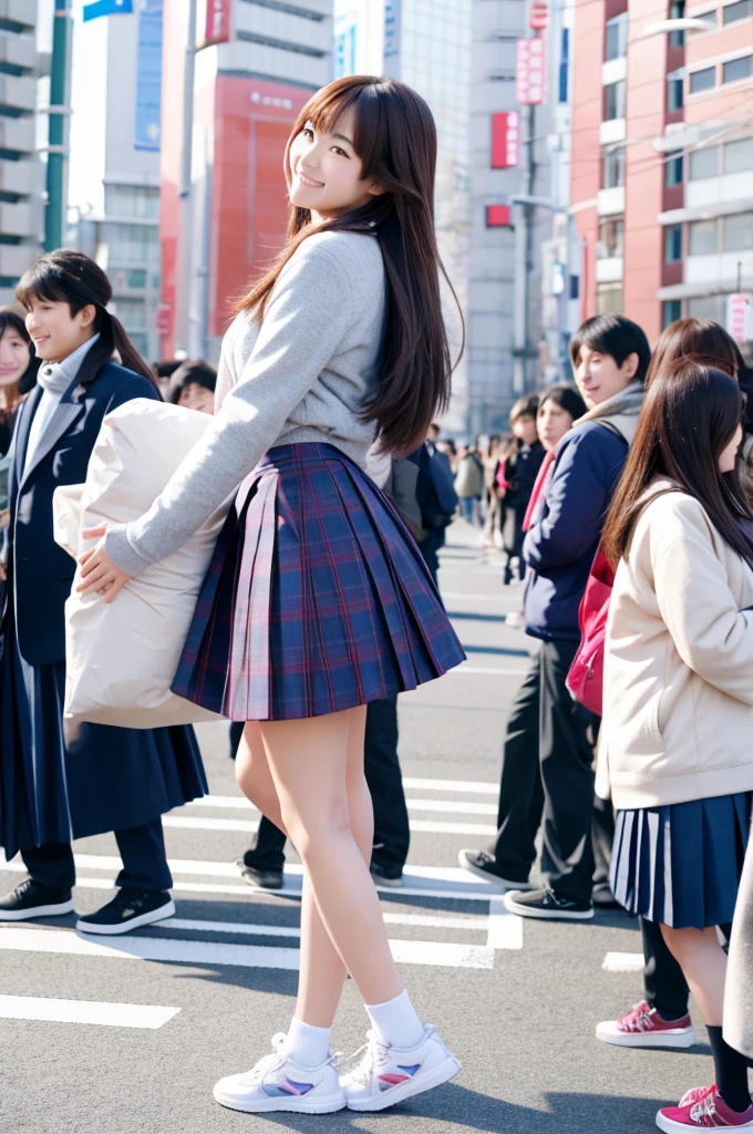 a Beautiful Japanese high school girl, standing on the load, from side, medium long hairstyle, , skirt, sneakers, full body, smile, looking at camera, sunny at noon winter, Tokyo crowded with people, anamorphic, flare, High Dynamic Range Shot, photograph, 4K
