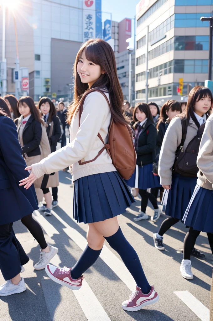 a Beautiful Japanese high school girl, standing on the load, from side, medium long hairstyle, , skirt, sneakers, full body, smile, looking at camera, sunny at noon winter, Tokyo crowded with people, anamorphic, flare, High Dynamic Range Shot, photograph, 4K