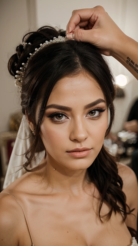 A professional make up artist is doing the bride's make up, real photo, clear photo, professional photo, realistic photo, full HD, 4k