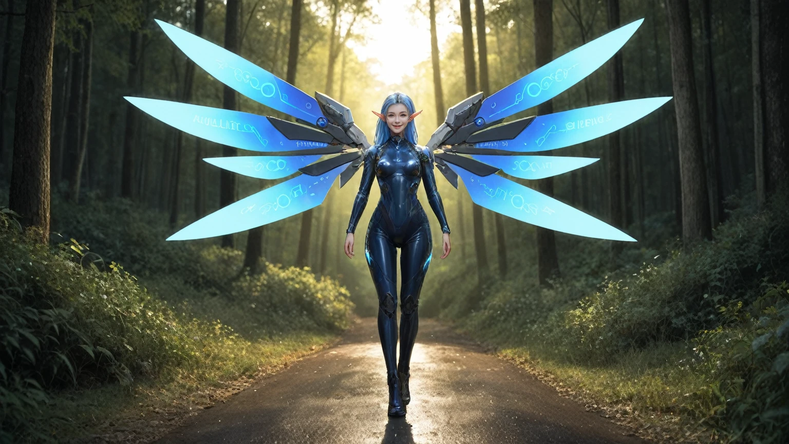 score_9, score_8_up, score_7_up, BREAK,
In a sunset-lit alien forest, a solo, dynamic, and sexy female figure stands out. She is wet, her blue hair, styled in a straight bob, glistening under the fading light. Her small breasts and elf ears add to her unique charm. She’s dressed in a sci-fi, futuristic outfit: a skin-tight body suit with mechanical energy wings, a utility belt, and sci-fi mecha armor with glowing exposed circuits. Her pose is captivating, her hands perfect, and her face extremely detailed, illuminated by volumetric and cinematic lighting. She has an expressive, light smile, looking directly at the viewer, embodying a blend of hot, sweaty, slender, and very cute attributes.