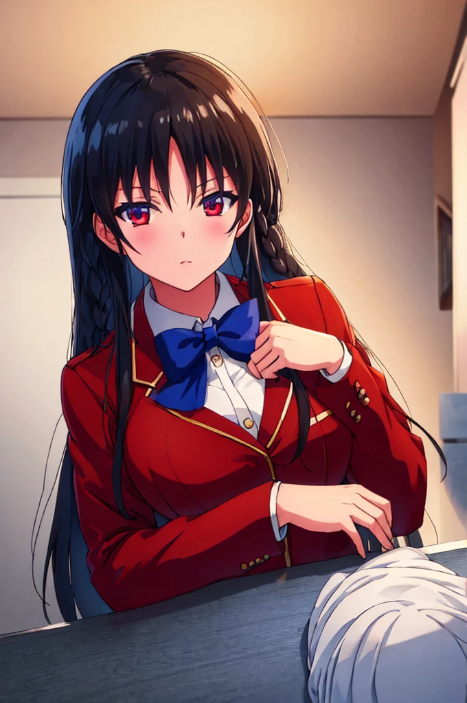 (masterpiece), ultra detailed, high resolution, best illustration, super fine illustration, (official art:1.2), (anime screencap:1.2), detailed beautiful face and eyes, anime keyvisual, perfect anatomy, 8k portrait,
1girl,
Suzune Horikita,
Suzune Horikita \(youjitsu\),
long hair, braid,
black hair,
(red eyes:1.2), slant eyes, small eyes,
blue bow,
medium breasts,
(school uniform, red jacket, white skirt, pleated skirt, black thigh-high socks),
BREAK looking at viewer,
cowboy shot,
perfect light,
background of indoor, school building,