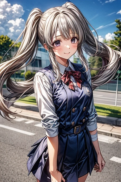 A miracle photo、Highest quality、high school girl、smile、uniform、Commuting、The wind is blowing、Twin tails、Hair fluttering in the wind、Detailed Hair、