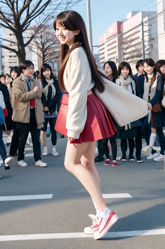 a Beautiful Japanese high school girl, standing on the load, from side, medium long hairstyle, , skirt, sneakers, full body, smile, looking at camera, sunny at noon winter, Tokyo crowded with people, anamorphic, flare, High Dynamic Range Shot, photograph, 4K