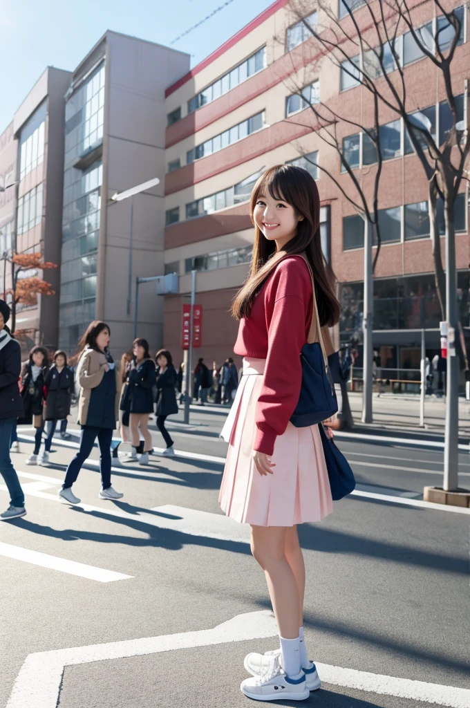 a Beautiful Japanese high school girl, standing on the load, from side, medium long hairstyle, , skirt, sneakers, full body, smile, looking at camera, sunny at noon winter, Tokyo crowded with people, anamorphic, flare, High Dynamic Range Shot, photograph, 4K