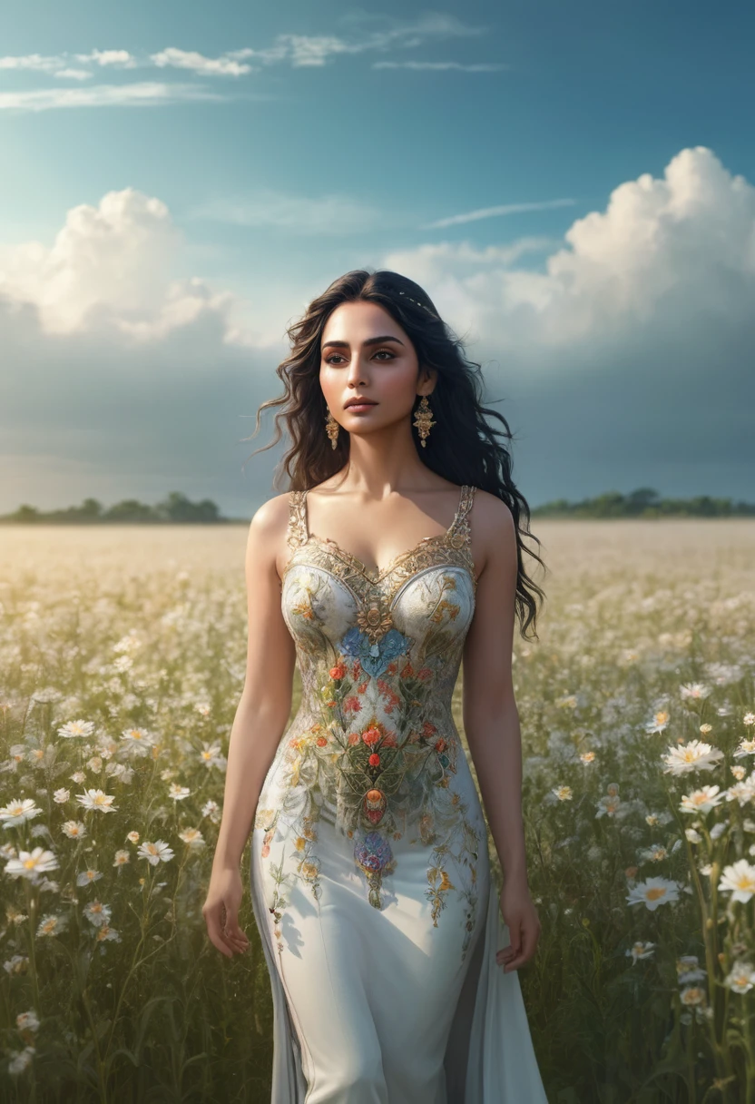 a beautiful Desi female supermodel, age 25, wearing a sheer summer dress with back exposed, no underwear, barefoot, walking through a flower garden with many varieties of tulips, early morning, highly detailed, photorealistic, 8k, HDR, studio lighting, hyper-realistic, vivid colors, lush and vibrant, dramatic lighting, intricate details, elegant and graceful, serene and tranquil atmosphere