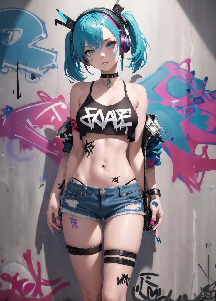 masterpiece, best quality, 1girl, solo, crop top, denim shorts, choker, (graffiti:1.5), paint splatter, arms behind back, against wall, looking at viewer, armband, thigh strap, paint on body, head tilt, bored, multicolored hair, aqua eyes, headset,topless,