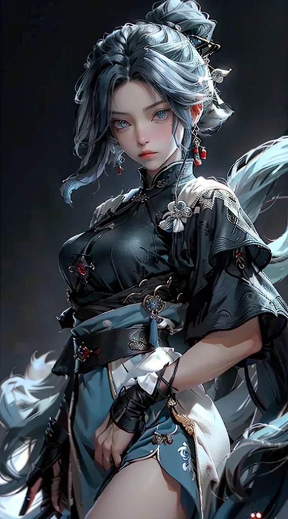 (detailed:1.4), Masterpiece, Best quality, 1 Female, Mature Woman, Elder Sister, young girl, Royal Sister, the expression is cold, strong, blue eyes, wolfcut short hair, smoky mix navy blue color hair, resolute eyes, simple black and white Taoist Taoist uniform, long red eardrop, Chinese mix morden, frontal photo, blank background, remove background, wolfcut hairstyle, anime, illustration