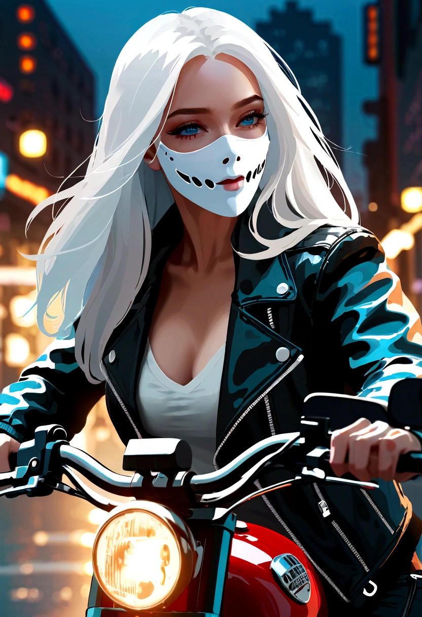 A beautiful woman with long white hair wearing a white mask, riding a motorcycle, detailed face, cinematic lighting, highly detailed, photorealistic, 8k, hyper detailed, realistic, sharp focus, studio lighting, glowing skin, leather jacket, detailed facial features, captivating expression, dramatic angles, motion blur, beautiful scenery, lush environment, cinematic composition, vibrant colors, dramatic lighting