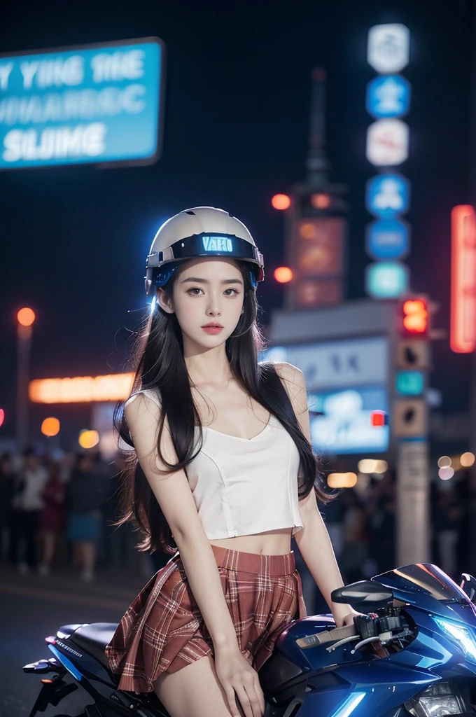 (((best quality))),(((ultra detailed))),(((masterpiece))),illustration,((1 beautiful girl,solo)),((slim,thin,small breasts,flat chest)),shoulder length straight hair,almond-shaped eyes, intense gaze, fair skin, subtle blush, full pink lips, confident smile,(white collared short sleeved shirt:1.3),Windsor knot on neck,((red plaid pleated skirt,slender legs,pantyhose)),deep blue hue, silver accents, form-fitting, low neckline, smooth skin,booties, urban scene, cyberpunk city, neon lights, tall buildings, LED signs, misty glow, dreamy ambiance, night sky, twinkling stars, electric atmosphere,(riding on a motorcycle:1.3), (safety helmet:1.3), vibrant atmosphere