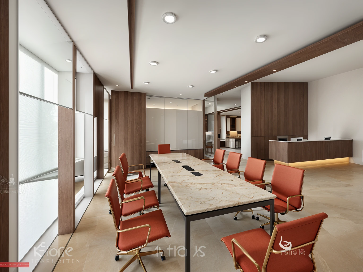 Office design in modern style, daylight, brown marble floor, WHITE WALL, 1 frame glass wall 1.8, glass wall 1.8, 1 conference table with 12 chairs, flowers on the table, flat white painted ceiling 1.2, 2 LED lights 1.8 rail lights, 1 table corner, sharp images, realistic light, luxurious feel, extremely detailed, đèn led âm trần 1.8