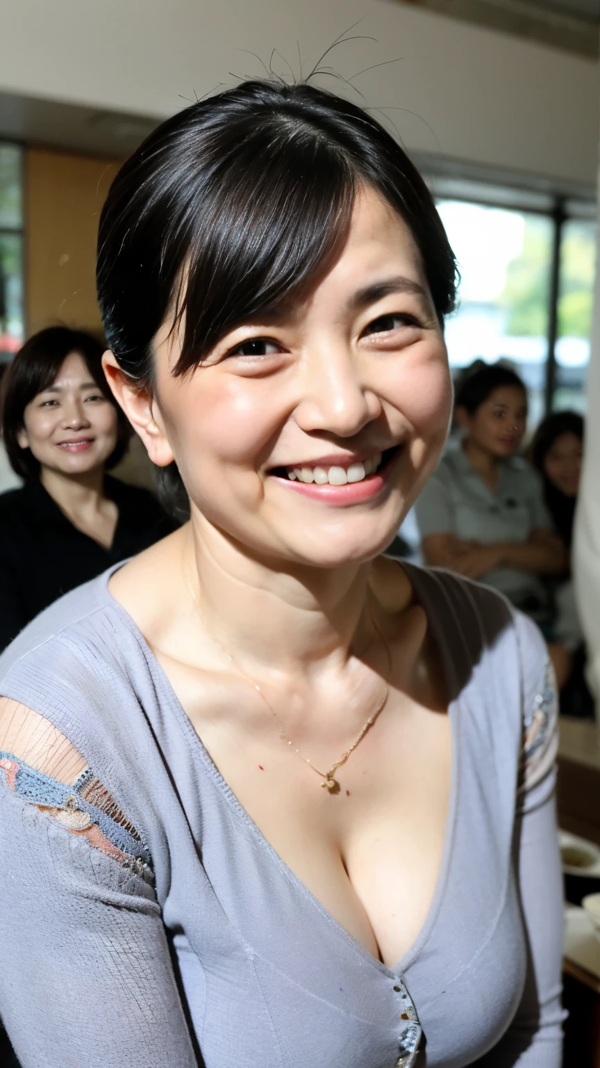 8k wallpaper, masterpiece, Highest quality, Super detailed, One Mature Woman, 50 years old, Become very clear, Wearing a short-sleeved knit, Skin dents, Captivating smile, Looking at the audience, Cleavage, plump, Curvaceous, Fascinating face, Smiling with teeth showing, Wrinkles around the eyes, Sitting in a cafe, Background Blur