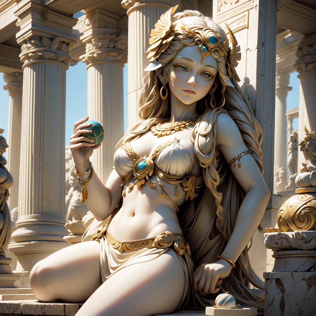 Creating an 8K UHD digital image of the majestic Hera Marbles. The sculpture shows Hera's majesty and majestic expression., Sculpt your hair into elaborate hairstyles. She wears a majestic marble cloak and wields the Sword of Zeus. Zeus' The sword is made of heavenly gold,Emits a golden glow, The blade bears a sacred inscription,sparkling. The hilt is decorated with small rays and lightning., It symbolizes his supreme power. Electric sparks dance around the sculpture, Emphasizes His Rule over Heaven. knight'The dormitory is luxurious, It has a four-poster bed.,Furnished with blue and gold velvet curtains. The floor is covered with gorgeous carpets, Fireplace makes the environment warm. Elegant furniture and large windows,Enjoy the stunning views. The image should capture the tranquility and comfort of the bedroom, destacando a escultura de Hera e a Espada de Zeus.
