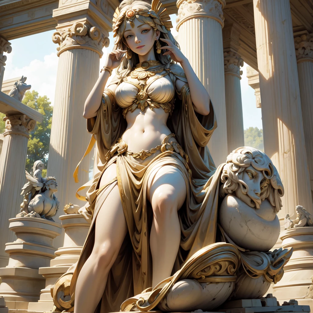 Creating an 8K UHD digital image of the majestic Hera Marbles. The sculpture shows Hera's majesty and majestic expression., Sculpt your hair into elaborate hairstyles. She wears a majestic marble cloak and wields the Sword of Zeus. Zeus' The sword is made of heavenly gold,Emits a golden glow, The blade bears a sacred inscription,sparkling. The hilt is decorated with small rays and lightning., It symbolizes his supreme power. Electric sparks dance around the sculpture, Emphasizes His Rule over Heaven. knight'The dormitory is luxurious, It has a four-poster bed.,Furnished with blue and gold velvet curtains. The floor is covered with gorgeous carpets, Fireplace makes the environment warm. Elegant furniture and large windows,Enjoy the stunning views. The image should capture the tranquility and comfort of the bedroom, destacando a escultura de Hera e a Espada de Zeus.