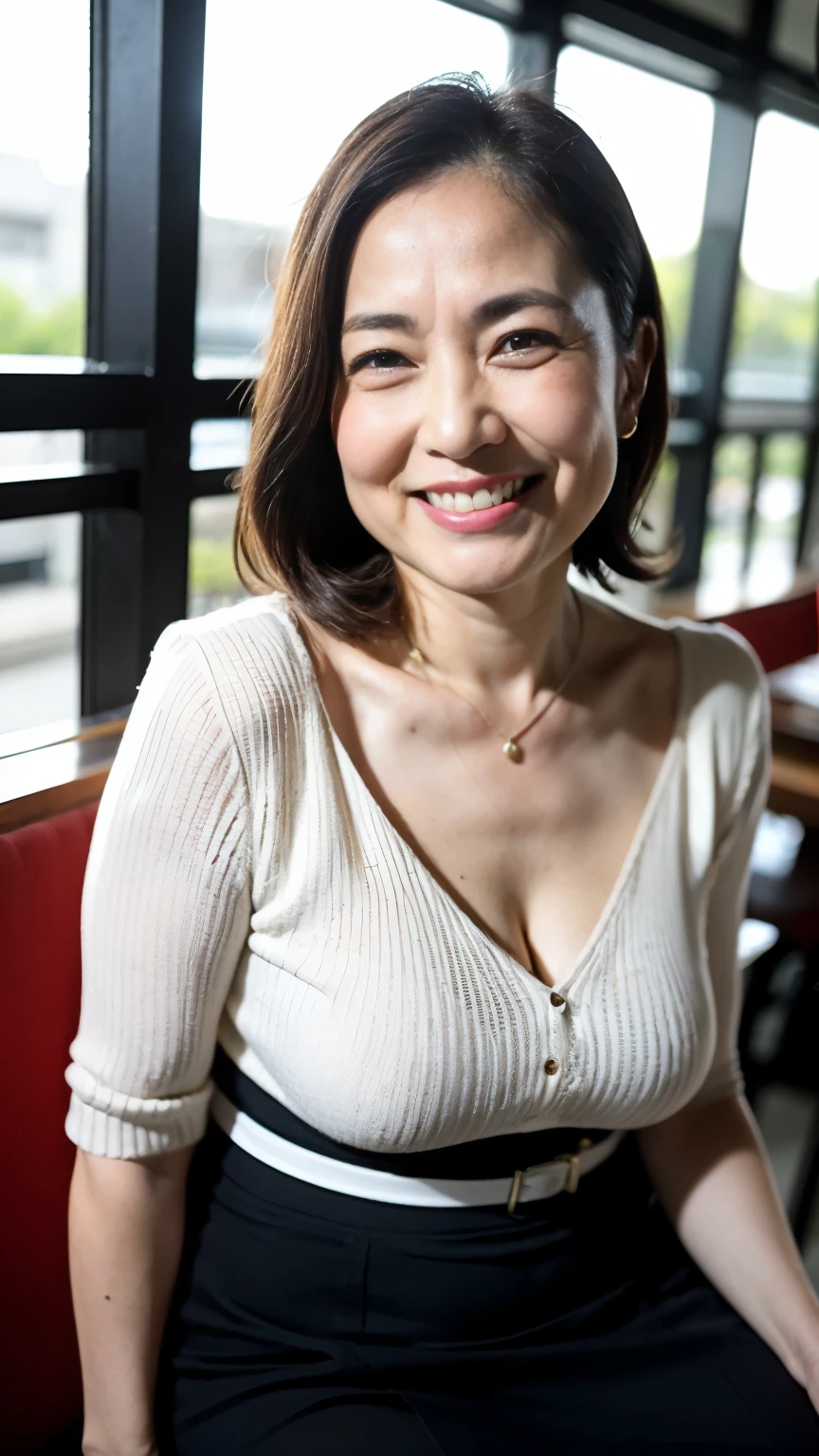 8k wallpaper, masterpiece, Highest quality, Super detailed, One Mature Woman, 50 years old, Become very clear, Wearing a short-sleeved knit, Skin dents, Captivating smile, Looking at the audience, Cleavage, plump, Curvaceous, Fascinating face, Smiling with teeth showing, Wrinkles around the eyes, Sitting in a cafe, Background Blur
