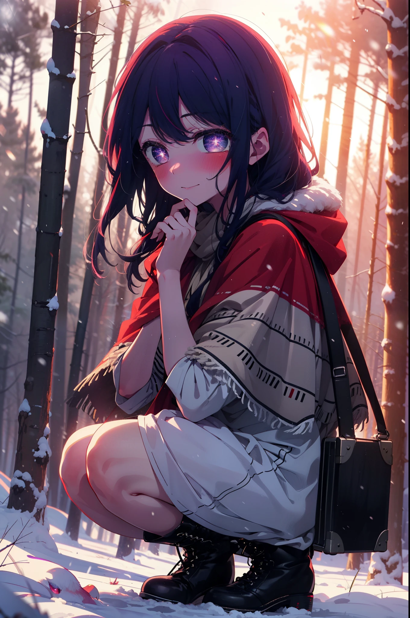 aihoshino, Ai Hoshino, Long Hair, bangs, (Purple eyes:1.1), Purple Hair, (Symbol-shaped pupil:1.5), smile,,smile,blush,White Breath,
Open your mouth,snow,Ground bonfire, Outdoor, boots, snowing, From the side, wood, suitcase, Cape, Blurred, , forest, White handbag, nature,  Squat, Mouth closed, Cape, winter, Written boundary depth, Black shoes, red Cape break looking at viewer, Upper Body, whole body, break Outdoor, forest, nature, break (masterpiece:1.2), Highest quality, High resolution, unity 8k wallpaper, (shape:0.8), (Beautiful and beautiful eyes:1.6), Highly detailed face, Perfect lighting, Highly detailed CG, (Perfect hands, Perfect Anatomy),