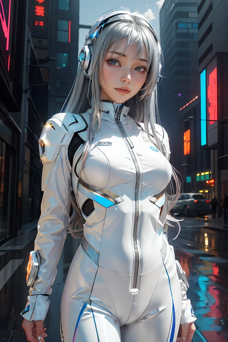 ((masterpiece, best quality, extremely detailed), volumetric lighting, ambient occlusion, colorful, glowing), 
1girl, solo, young girl, (silver hair), long hair, halo, aura, sacred, goddess, cyber suit, (white outfit:1.3), 
outdoors, sunset, sky, clouds, space, (cyberpunk theme:1.2),