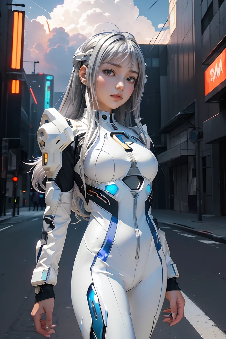 ((masterpiece, best quality, extremely detailed), volumetric lighting, ambient occlusion, colorful, glowing), 
1girl, solo, young girl, (silver hair), long hair, halo, aura, sacred, goddess, cyber suit, (white outfit:1.3), 
outdoors, sunset, sky, clouds, space, (cyberpunk theme:1.2),