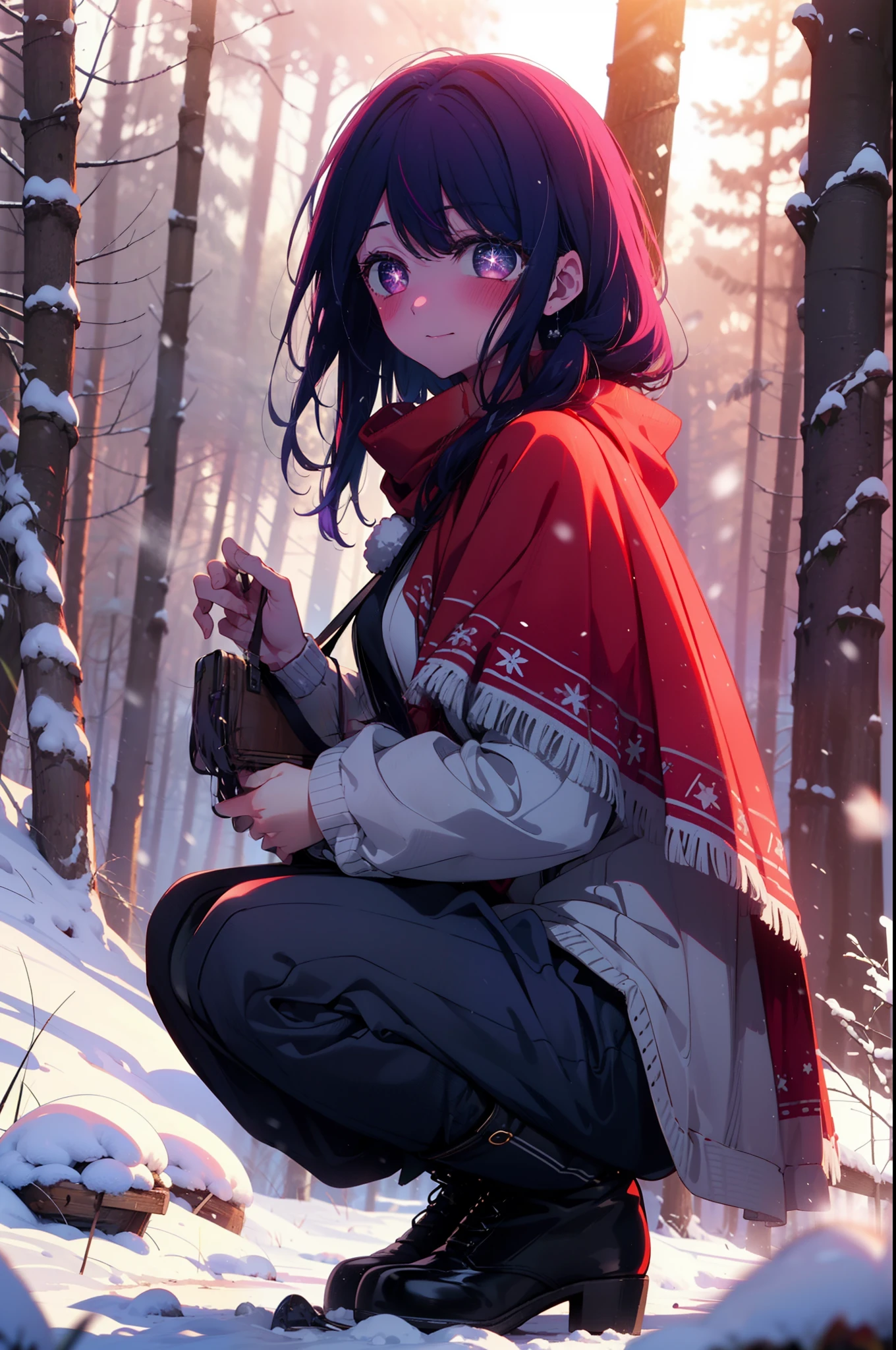 aihoshino, Ai Hoshino, Long Hair, bangs, (Purple eyes:1.1), Purple Hair, (Symbol-shaped pupil:1.5), smile,,smile,blush,White Breath,
Open your mouth,snow,Ground bonfire, Outdoor, boots, snowing, From the side, wood, suitcase, Cape, Blurred, , forest, White handbag, nature,  Squat, Mouth closed, Cape, winter, Written boundary depth, Black shoes, red Cape break looking at viewer, Upper Body, whole body, break Outdoor, forest, nature, break (masterpiece:1.2), Highest quality, High resolution, unity 8k wallpaper, (shape:0.8), (Beautiful and beautiful eyes:1.6), Highly detailed face, Perfect lighting, Highly detailed CG, (Perfect hands, Perfect Anatomy),