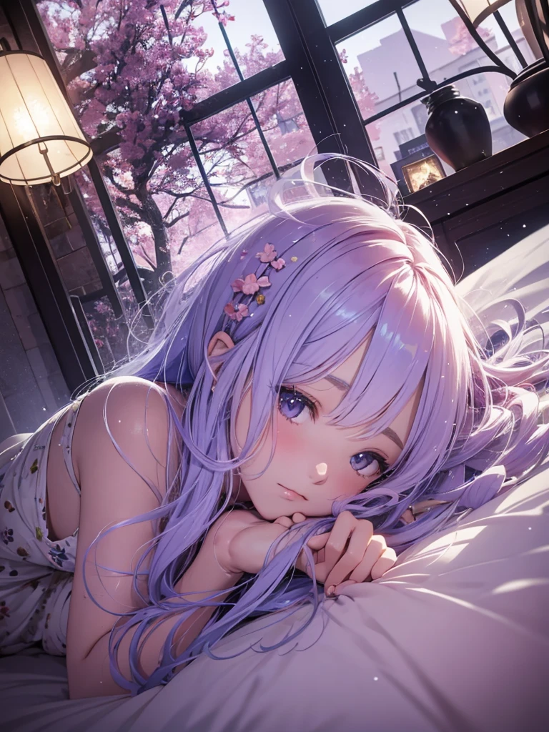 Purple haired girl lying on flower bed with eyes closed, Guwiz style artwork, Guwiz, art station Güvez on Pixiv, beautiful fantasy anime, Gurwiz on pixiv art station, realistic anime girl rendering, realistic girl, smooth CG art, style 4 K, beautiful girl, lavender eyes