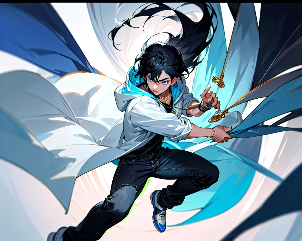 (masterpiece, best quality), anime style, chara-sheet, 1boy, black hair, light blue eyes, blue and white hoodie, yin yang necklace, black jeans, blue shoes, detailed face, beautiful detailed eyes, beautiful detailed lips, extremely detailed face, long eyelashes, dynamic pose, studio lighting, cinematic lighting, vibrant colors, glowing, ethereal, digital art, 8k, hyperrealistic