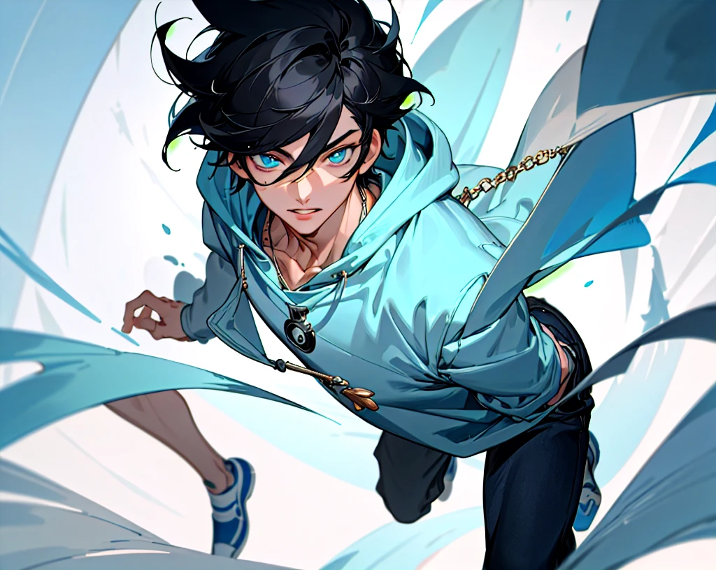 (masterpiece, best quality), anime style, chara-sheet, 1boy, black hair, light blue eyes, blue and white hoodie, yin yang necklace, black jeans, blue shoes, detailed face, beautiful detailed eyes, beautiful detailed lips, extremely detailed face, long eyelashes, dynamic pose, studio lighting, cinematic lighting, vibrant colors, glowing, ethereal, digital art, 8k, hyperrealistic