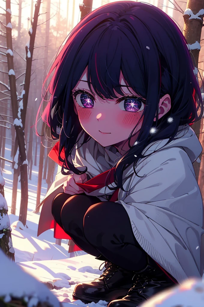 aihoshino, Ai Hoshino, Long Hair, bangs, (Purple eyes:1.1), Purple Hair, (Symbol-shaped pupil:1.5), smile,,smile,blush,White Breath,
Open your mouth,snow,Ground bonfire, Outdoor, boots, snowing, From the side, wood, suitcase, Cape, Blurred, , forest, White handbag, nature,  Squat, Mouth closed, Cape, winter, Written boundary depth, Black shoes, red Cape break looking at viewer, Upper Body, whole body, break Outdoor, forest, nature, break (masterpiece:1.2), Highest quality, High resolution, unity 8k wallpaper, (shape:0.8), (Beautiful and beautiful eyes:1.6), Highly detailed face, Perfect lighting, Highly detailed CG, (Perfect hands, Perfect Anatomy),