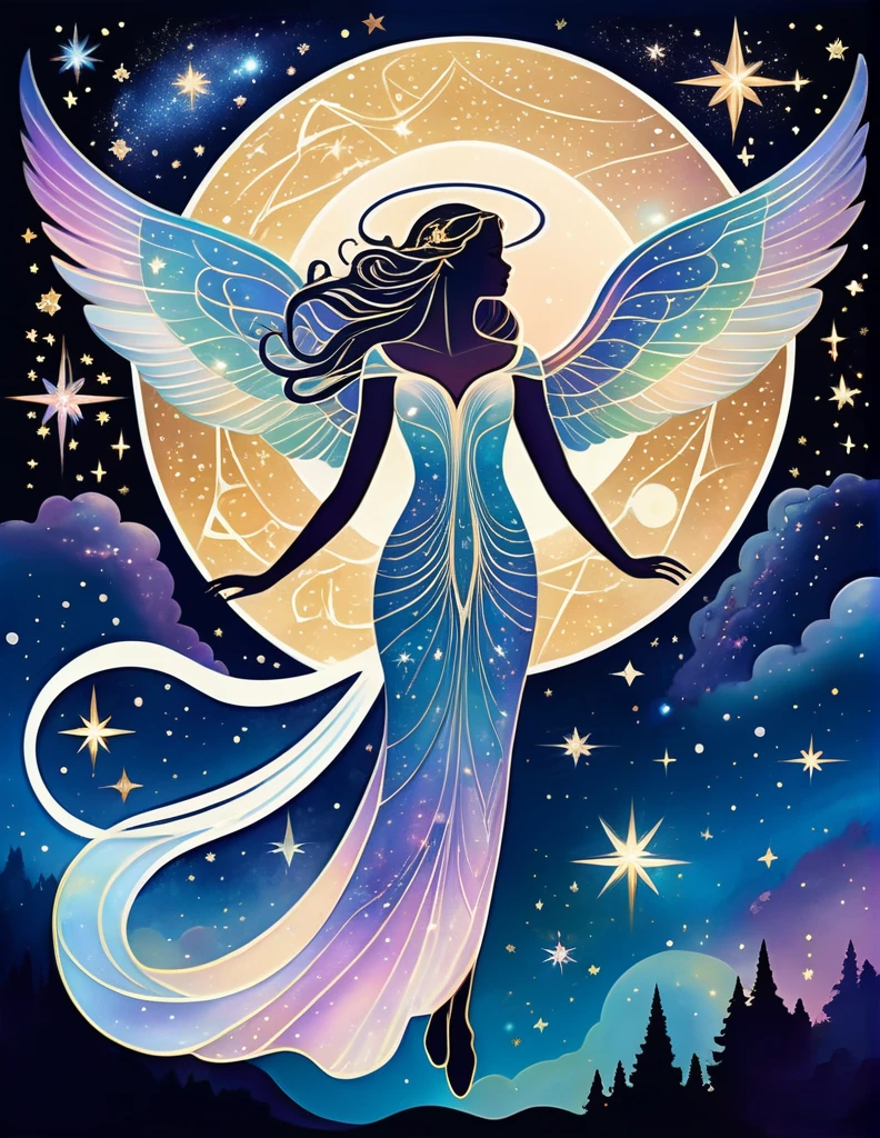 A celestial beauty with iridescent wings and a halo of stars, set against a backdrop of swirling galaxies and cosmic dust. Inspired by Art Nouveau, her form is elegant and ethereal, with flowing lines and organic shapes that evoke the beauty of the natural world.
