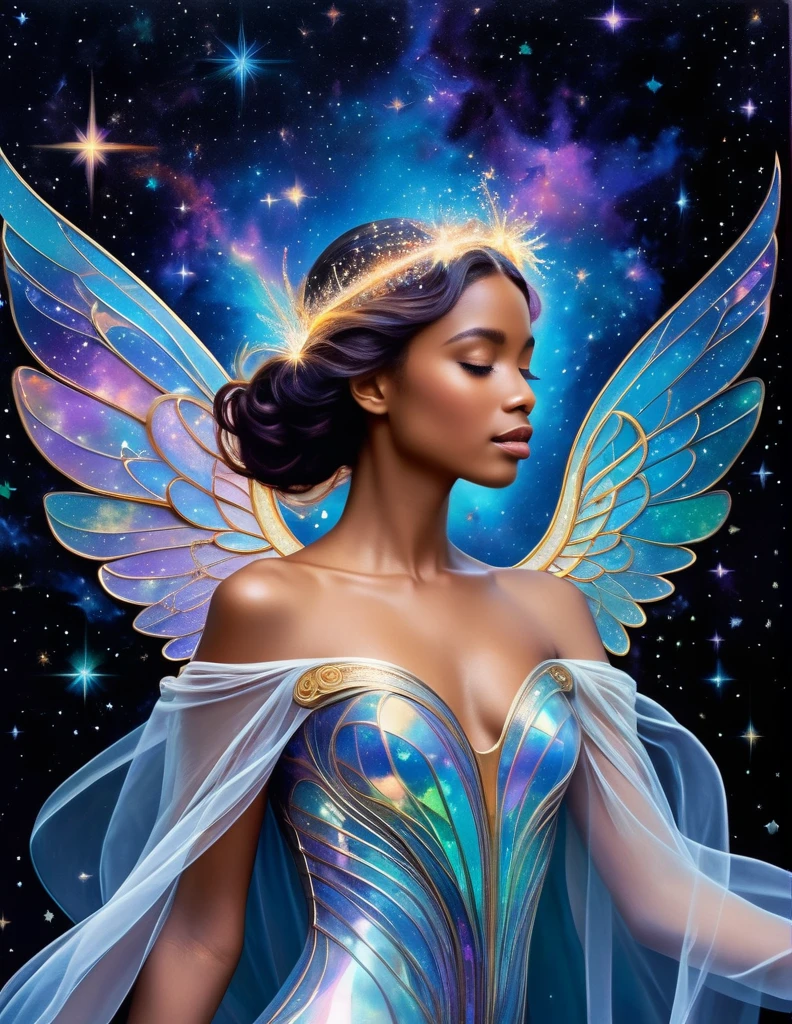 A celestial beauty with iridescent wings and a halo of stars, set against a backdrop of swirling galaxies and cosmic dust. Inspired by Art Nouveau, her form is elegant and ethereal, with flowing lines and organic shapes that evoke the beauty of the natural world.