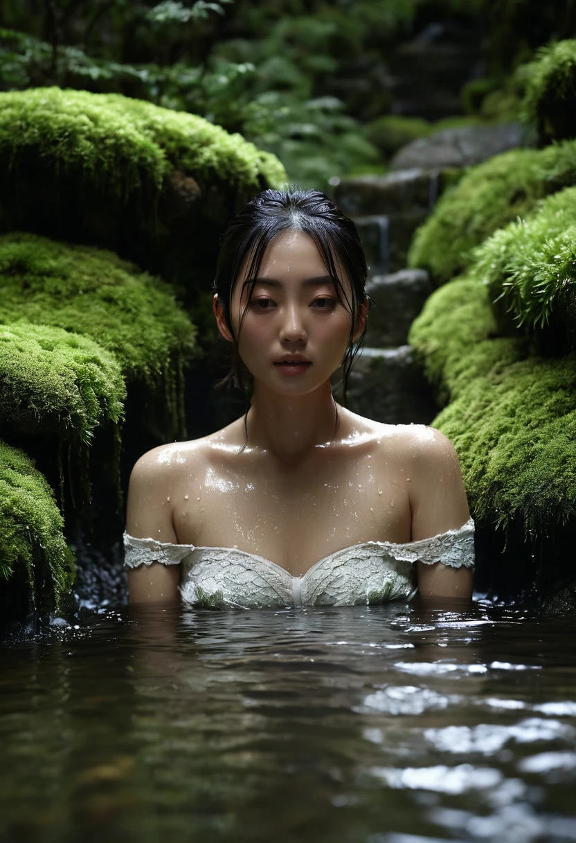full body shot, Best quality, masterpiece, super high resolution, a super model soaking in a hot spring in Japan, showing all bodyoutdoor hot spring, stone hot spring, surrounded by moss and trees, super beautiful face, pure body, clear pores visible, very pitiful face asking for forgiveness, wearing split (lace bandeau:1.2), (realism:1.5), original photo, soaked body, covered in sweat, bare shoulders, in the dark, deep shadows, low-key, cold light((best quality)), ((masterpiece)), (detailed), perfect face