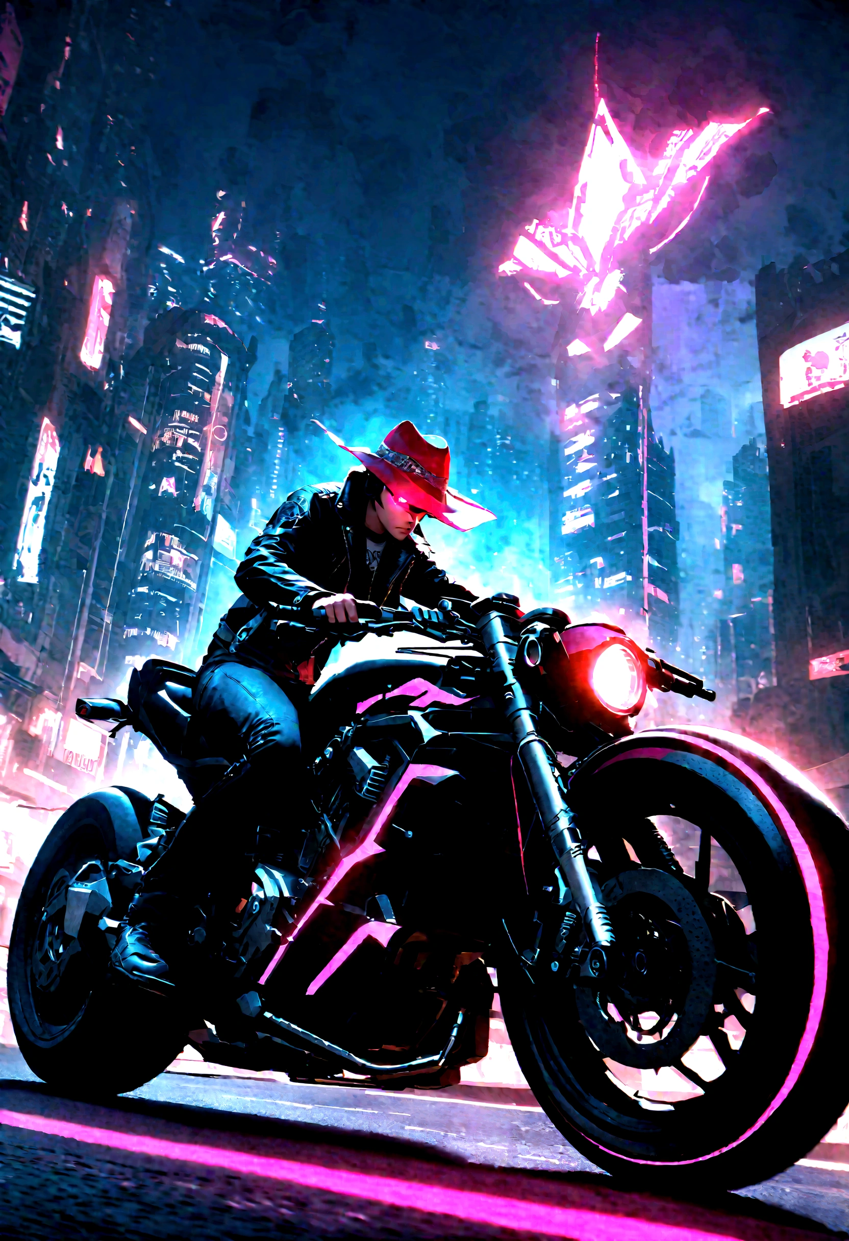 (Skull_Sheriff_Riding a motorcycle),metallic feel,Wearing a cowboy hat+Cockade+Neon brim,Wearing a leather jacket,retro futuristic style,Glowing eyes,Night view,Bright colors,Electric Spark,Dystopian Cityscape,Mixed reality。