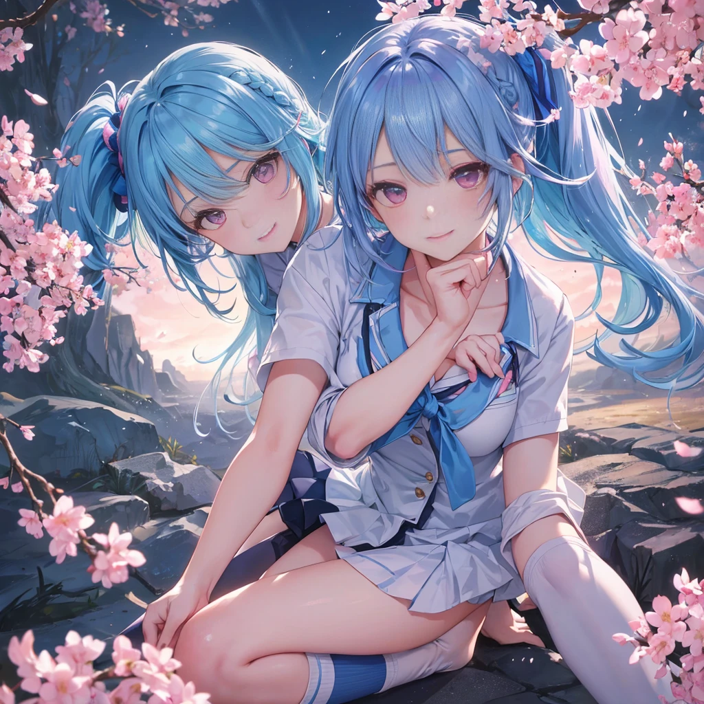Sky blue hair, (Braided Ponytail),(Pink Eyes),Fair skin ,whole body,(1 Girl),Smile,spring, cherry blossoms, Knee-high socks for school, blazer, Straight bangs,(masterpiece, Highest quality, Super detailed, Best Shadow), (Detailed Background), (Beautifully detailed face), High Contrast, (Best lighting, Very delicate and beautiful), ((Cinematic Light)), colorful, Hyper Detail, Dramatic Light, Intricate details,sunshine,Leaning forward,