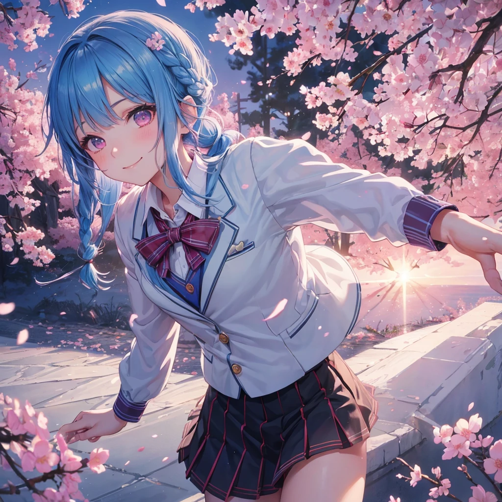 Sky blue hair, (Braided Ponytail),(Pink Eyes),Fair skin ,whole body,(1 Girl),Smile,spring, cherry blossoms, Knee-high socks for school, blazer, Straight bangs,(masterpiece, Highest quality, Super detailed, Best Shadow), (Detailed Background), (Beautifully detailed face), High Contrast, (Best lighting, Very delicate and beautiful), ((Cinematic Light)), colorful, Hyper Detail, Dramatic Light, Intricate details,sunshine,Leaning forward,