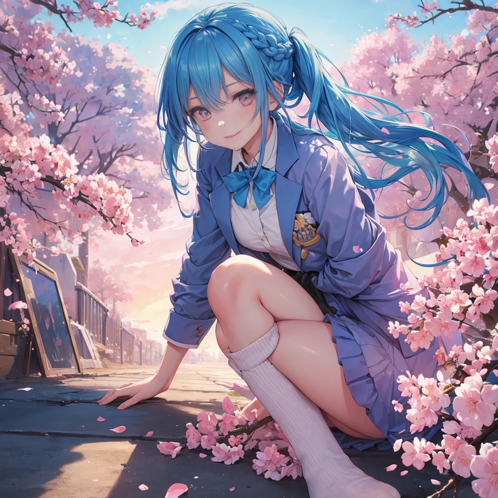 Sky blue hair, (Braided Ponytail),(Pink Eyes),Fair skin ,whole body,(1 Girl),Smile,spring, cherry blossoms, Knee-high socks for school, blazer, Straight bangs,(masterpiece, Highest quality, Super detailed, Best Shadow), (Detailed Background), (Beautifully detailed face), High Contrast, (Best lighting, Very delicate and beautiful), ((Cinematic Light)), colorful, Hyper Detail, Dramatic Light, Intricate details,sunshine,Leaning forward,