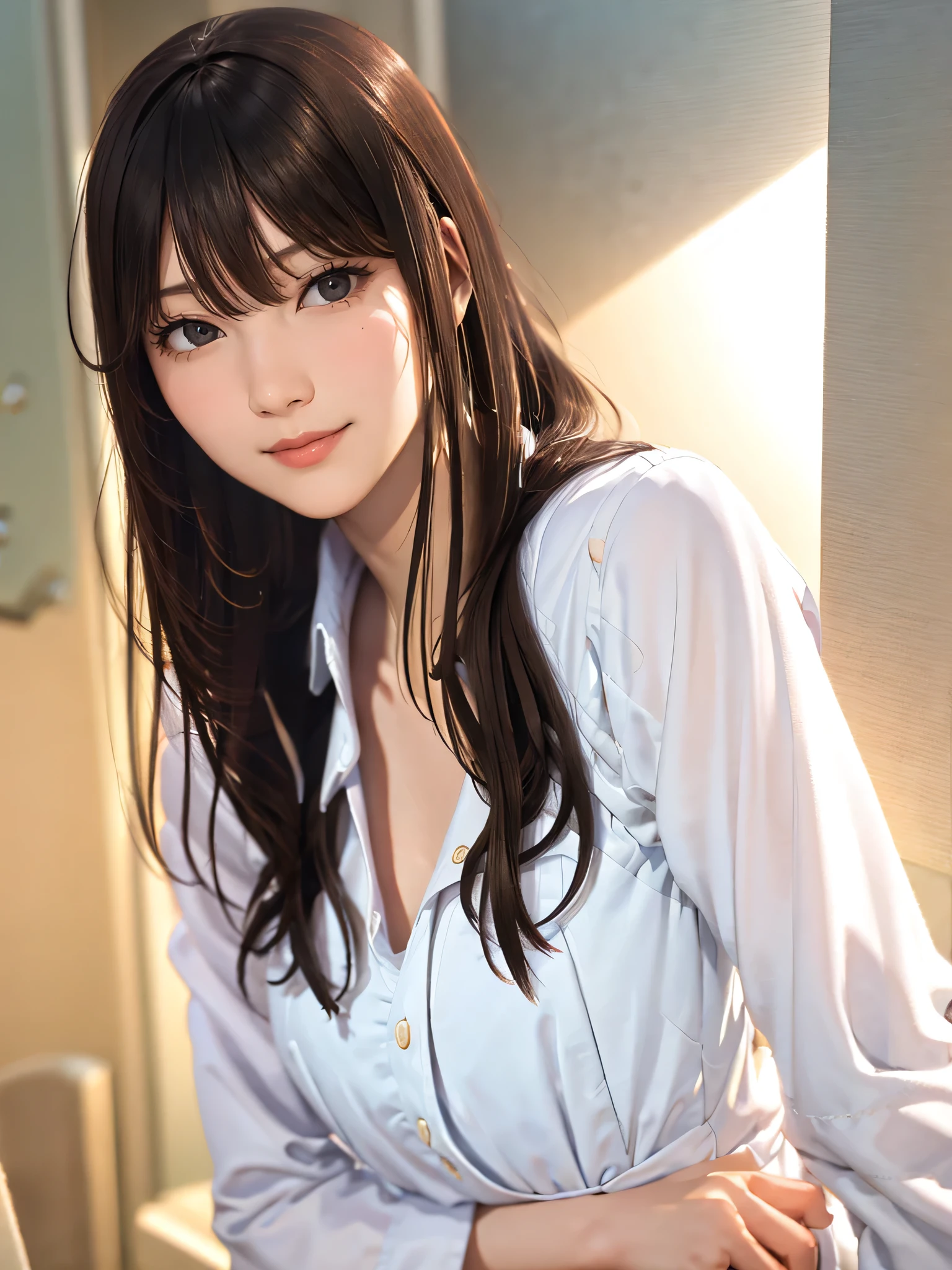 raw photo, 1girl, cute face, beautiful face, medium breast, collared blouse, White blouse, light smile, Upper body, detailed skin, pore, simple background, frontal face, wallpaper, photorealistic, anatomically correct, masterpiece, best quality, UHD,Masterpiece