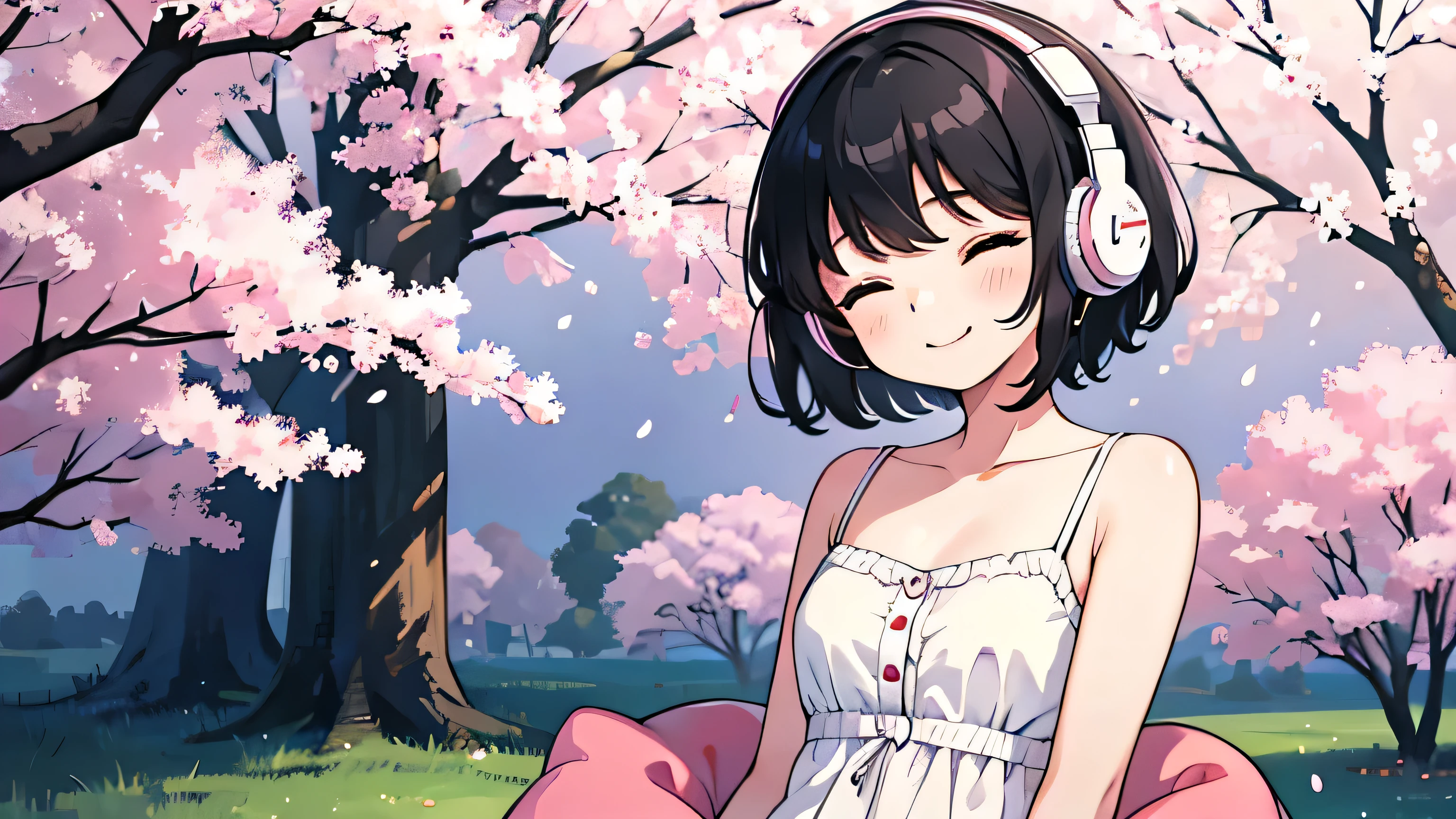 1girl, solo, gentle smile on her face flat chest, short hair, black hair, upper body, ((masterpiece, illustration, best quality)) ((best quality)), ((masterpiece)), (detailed), perfect face, sitting under the cherry blossom tree, listening to music, One woman, wearing headphones, eyes closed, wearing a white dress