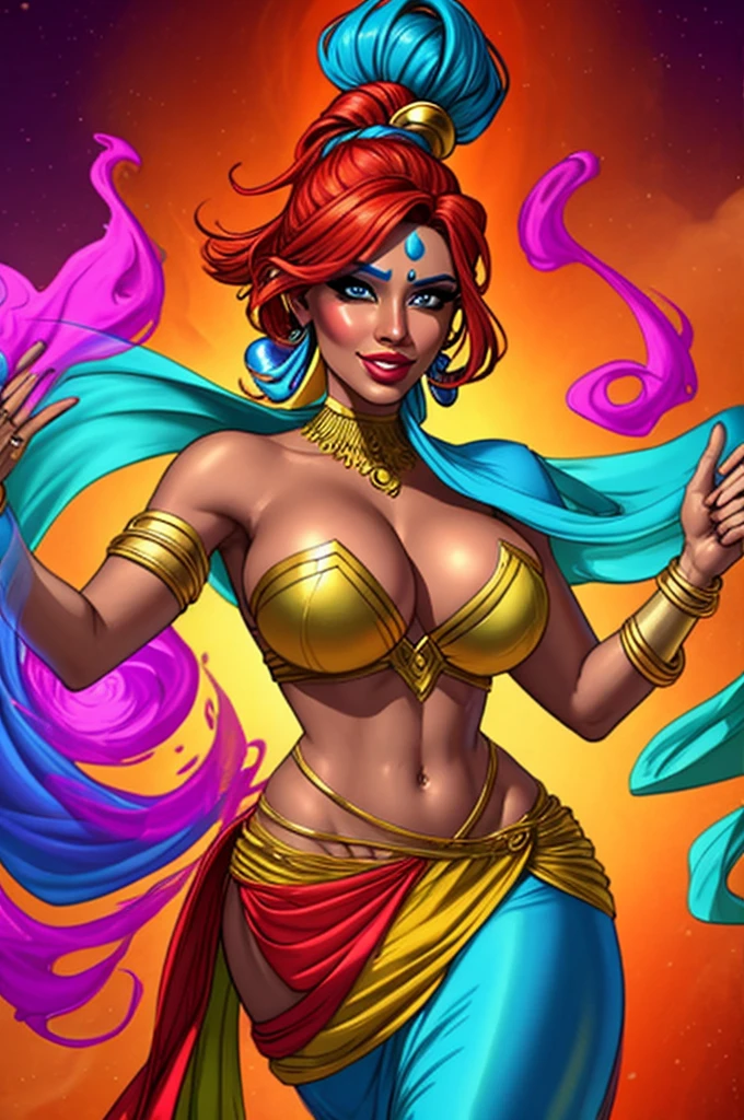 a gorgeous genie, colorful and vibrant magical costume, whirling smoke