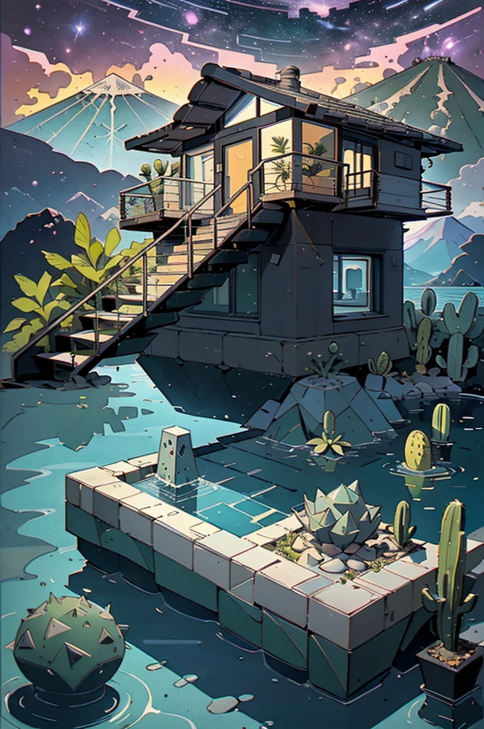 An illustration, collage style, David Hockney visual style, (((Luis Barragán's architectural style houses in middle of a lake))), big boulders, little cascade, mountains, volcanos, volcanic landscape, pool, stairs, beautiful gardens, abundant vegetation, cacti, agave, big clouds, sunset. Magazine cover, serif tipography, editorial design, masterpiece, An illustration in collage style, con rocas gigantes, Brutalist construction sections, escaleras, cactus, agave, textura de concreto, Multiple geometric shapes, hatch and cross hatching, planeta Saturno. ((masterpiece, best quality)),illustration,ultra detailed 8k. (((An illustration of a build designed by Luis Barragán))), with a desertic vegetation garden, (big rocks), ((cacti)), lake, volcano in horizon, smooth clouds, (((illustration collage format))), ((Escher's art style)), (((multiple sections))), (violet, blue, olive green, grey, black and white), hard shadows, (((geometric sculptures))), concrete sculptures, high contrast, dramatic, cinematographic, ((milky way galaxy)), intricate, intricate details, sharp focus,landscape