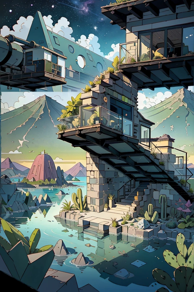 An illustration, collage style, David Hockney visual style, (((Luis Barragán's architectural style houses in middle of a lake))), big boulders, little cascade, mountains, volcanos, volcanic landscape, pool, stairs, beautiful gardens, abundant vegetation, cacti, agave, big clouds, sunset. Magazine cover, serif tipography, editorial design, masterpiece, An illustration in collage style, con rocas gigantes, Brutalist construction sections, escaleras, cactus, agave, textura de concreto, Multiple geometric shapes, hatch and cross hatching, planeta Saturno. ((masterpiece, best quality)),illustration,ultra detailed 8k. (((An illustration of a build designed by Luis Barragán))), with a desertic vegetation garden, (big rocks), ((cacti)), lake, volcano in horizon, smooth clouds, (((illustration collage format))), ((Escher's art style)), (((multiple sections))), (violet, blue, olive green, grey, black and white), hard shadows, (((geometric sculptures))), concrete sculptures, high contrast, dramatic, cinematographic, ((milky way galaxy)), intricate, intricate details, sharp focus,landscape