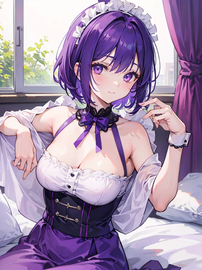 nsfw,1 person,Sweat,White Breath,solo,Demon slayer,Shinobu Kocho,(Cleavage voyeur),sit,room,Small breasts,View from above,Gothic Lolita,Mini Hat