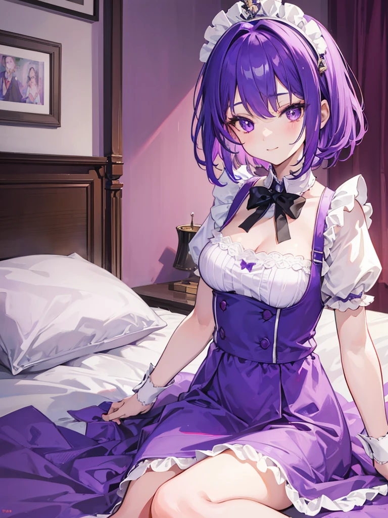 1girl, short purple hair, purple eyes, light smile, wearing maid costume, close portrait, sitting in bed, close, high res, ultrasharp, 8K, masterpiece, looking at viewer