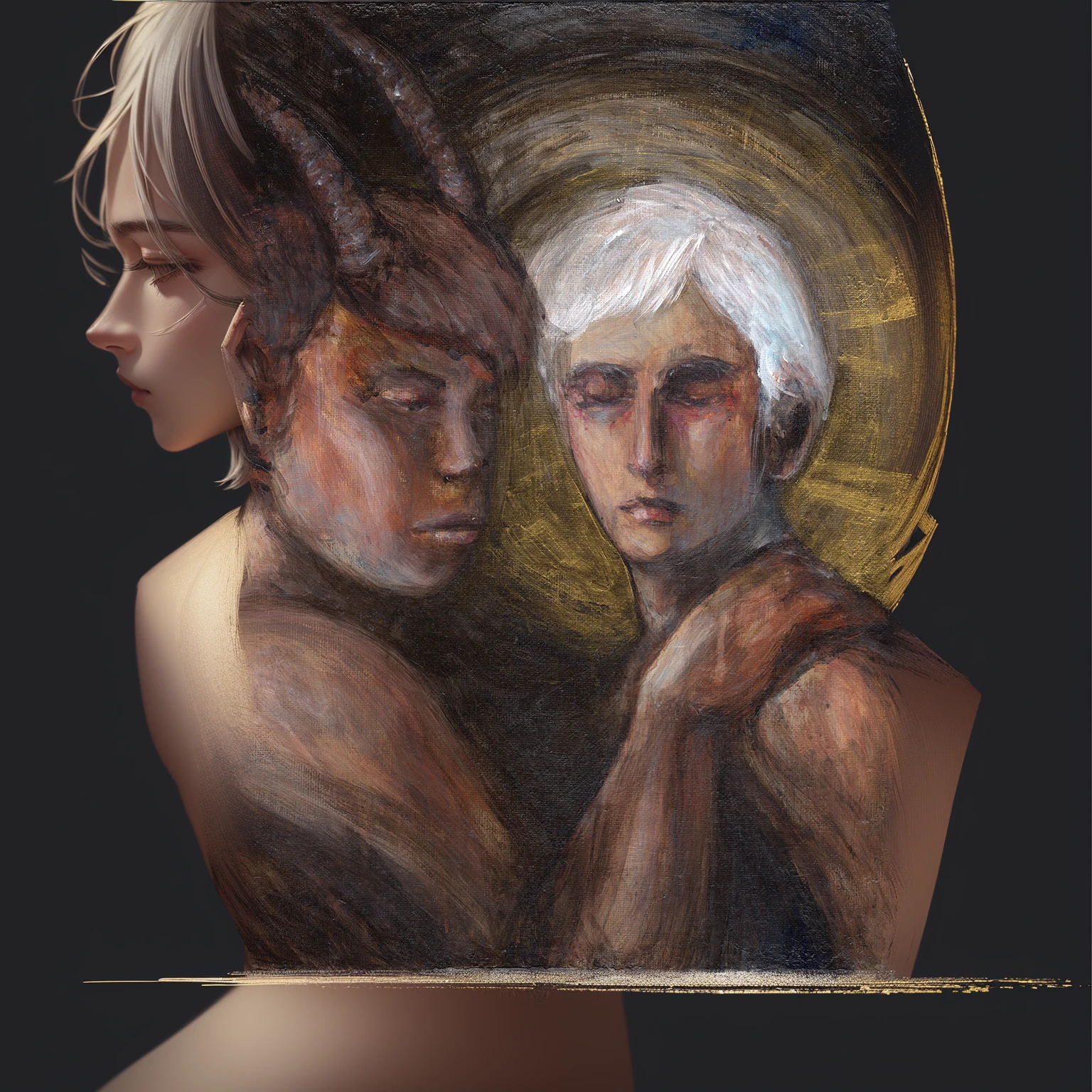 2 BOYS ANGELS WHITE HAIR PAINTING REMBRANDT BAROQUE GOLD LEAF ANGEL AND DEMON MALE MASCULINE 
