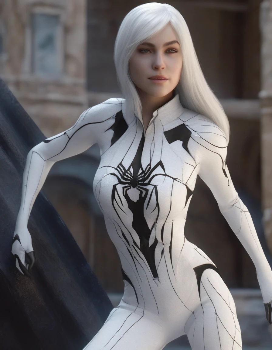 Frieren spider girl in white and black suit, in the style of vray tracing, fantasy illustration, organic sculpting, dynamic lighting, close up, dragoncore, light indigo and Black 
