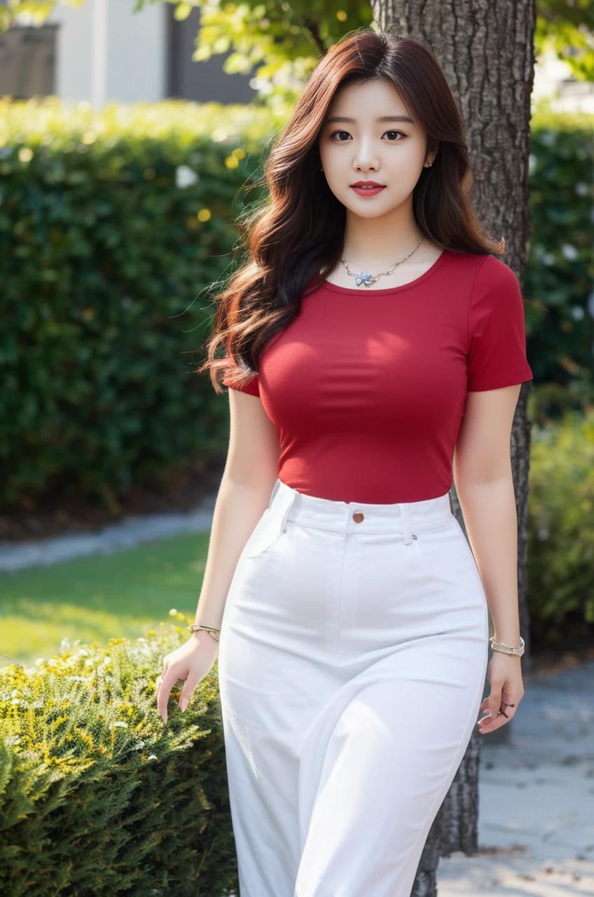 ((best quality)), ((masterpiece)), (detailed), perfect face, araffe woman in a long dark-blue shirt and blue denim skirt walking down a street, thicc, wavy short hair , she has a jiggly fat round belly, bbwchan, wearing tight simple clothes, skinny waist and thick hips, widest hips, her belly is fat and round, soft curvy shape, hyperrealistic full figure, wearing a cute top, wide hips, wearing 10 bracelet , wearing huge diamond necklace