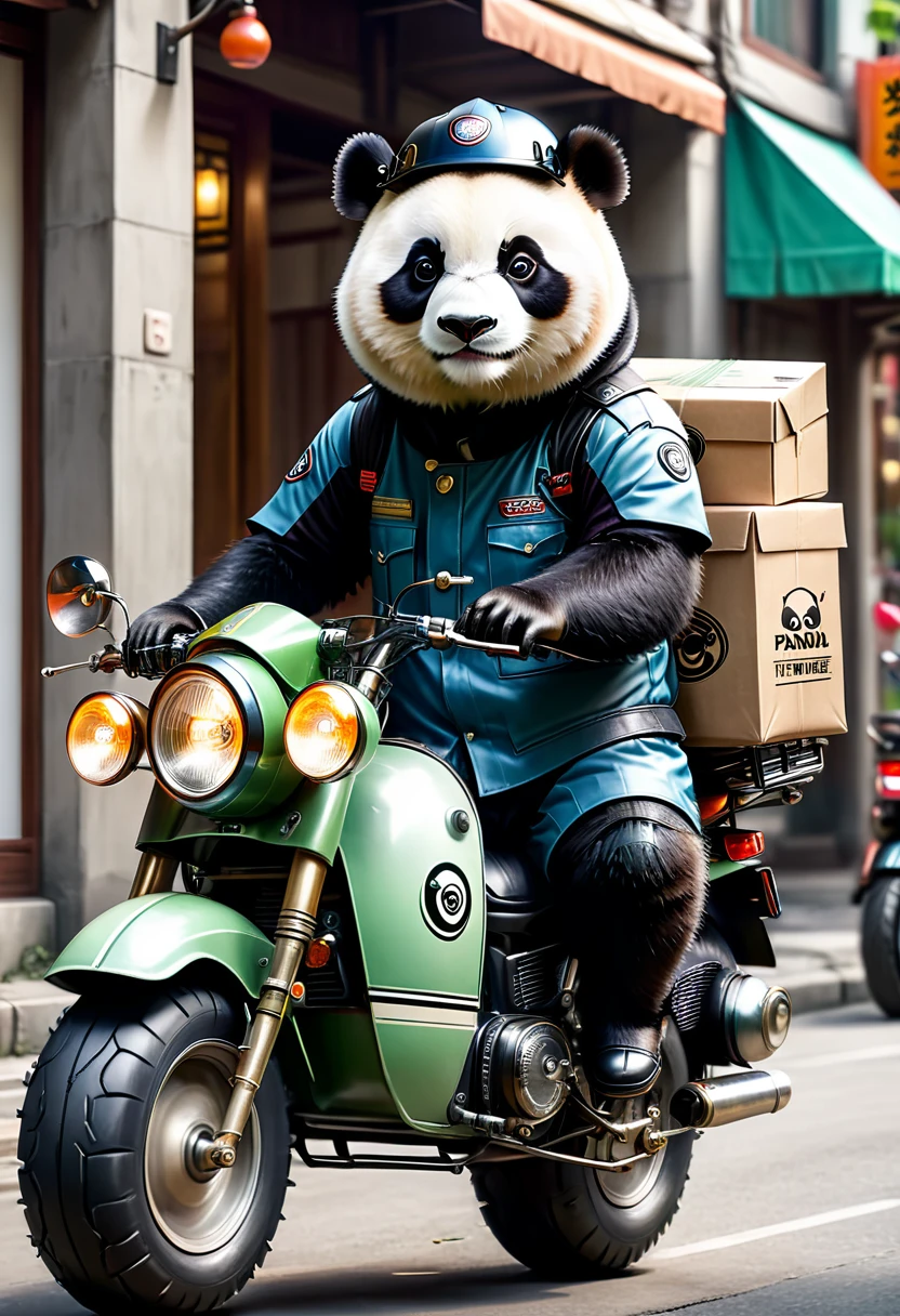 a panda delivery man, wearing a helmet and uniform, riding a lightweight motorcycle, highly detailed, hyper realistic, vintage, large tires, solo