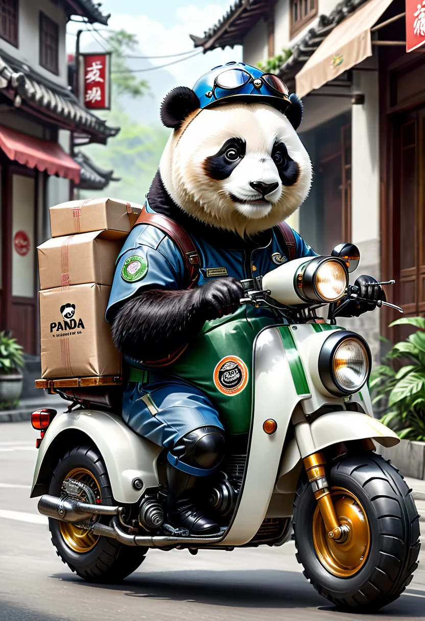 a panda delivery man, wearing a helmet and uniform, riding a lightweight motorcycle, highly detailed, hyper realistic, vintage, large tires, solo