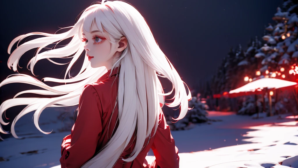 1 Girl, medium light white hair, light white eyes, wearing Red Suit 4D , night TOWN 18+, high res, ultrasharp, 8K, masterpiece, looking from behind