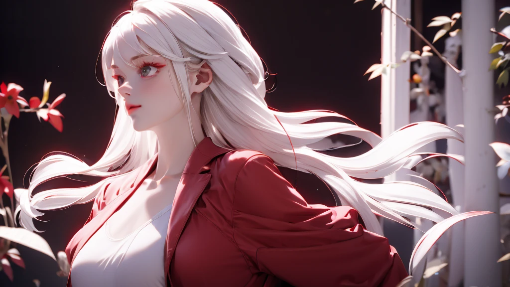 1 Girl, medium light white hair, light white eyes, wearing Red Suit 4D , night TOWN 18+, high res, ultrasharp, 8K, masterpiece, looking from behind