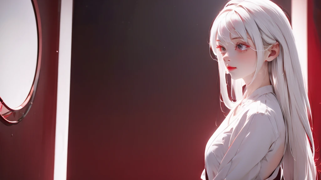 1 Girl, medium light white hair, light white eyes, wearing Red Suit 4D , night TOWN 18+, high res, ultrasharp, 8K, masterpiece, looking from behind