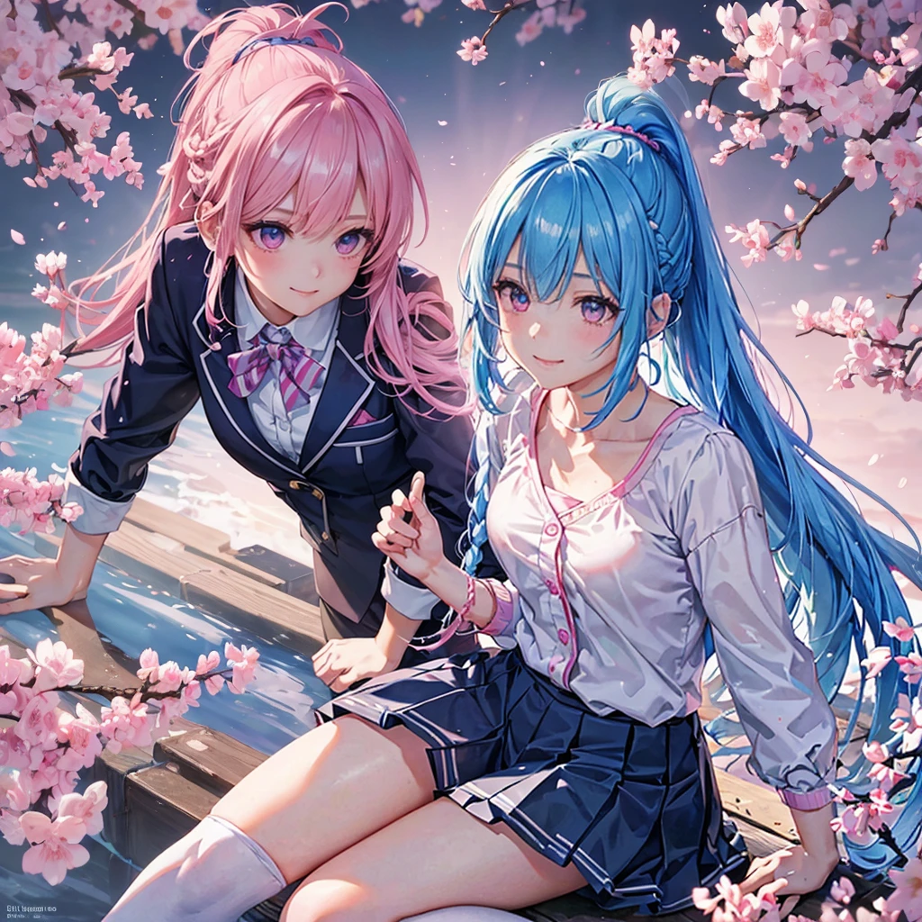 Sky blue hair, (Braided Ponytail),(Pink Eyes),Fair skin ,whole body,(1 Girl),Smile,spring, cherry blossoms, Knee-high socks for school, blazer, Straight bangs,(masterpiece, Highest quality, Super detailed, Best Shadow), (Detailed Background), (Beautifully detailed face), High Contrast, (Best lighting, Very delicate and beautiful), ((Cinematic Light)), colorful, Hyper Detail, Dramatic Light, Intricate details,sunshine,Leaning forward,